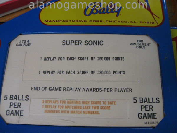 (image for) Supersonic pinball by Bally 1979