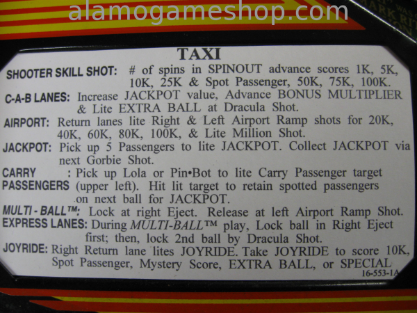 (image for) Taxi Pinball by Williams 1988