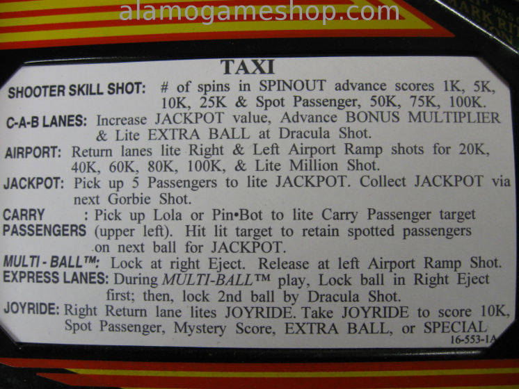 (image for) Taxi Pinball by Williams 1988