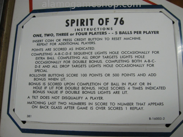 (image for) Spirit of 76 Pinball by Gottlieb 1975