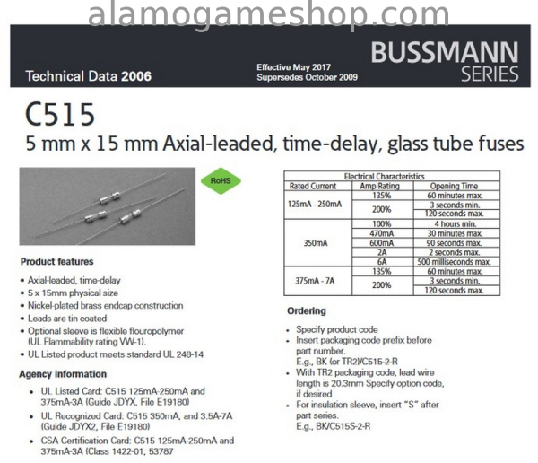 (image for) .25 Amp Fuse, C515 Slow Blow, pigtail